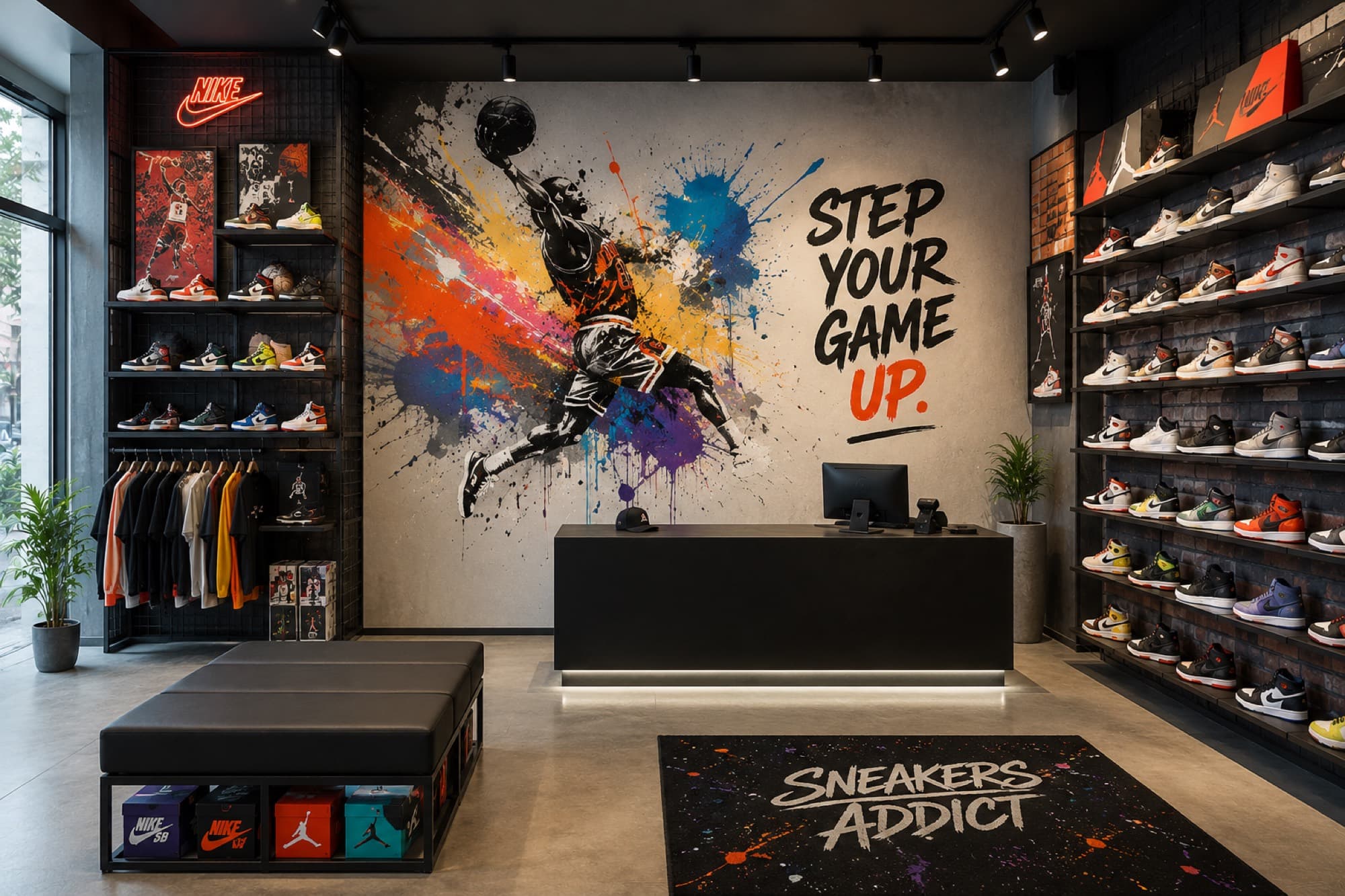 Boutique d'articles de sport avec un mur imprimé dynamique.