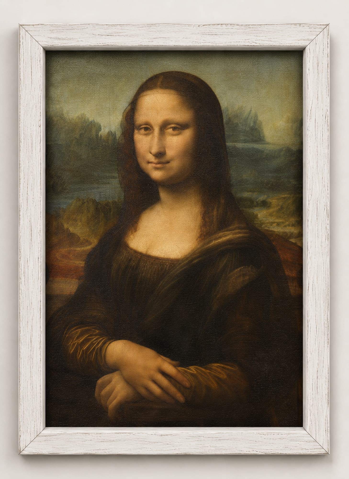 Reproduction de la Joconde imprimée sur toile, encadrée de bois.