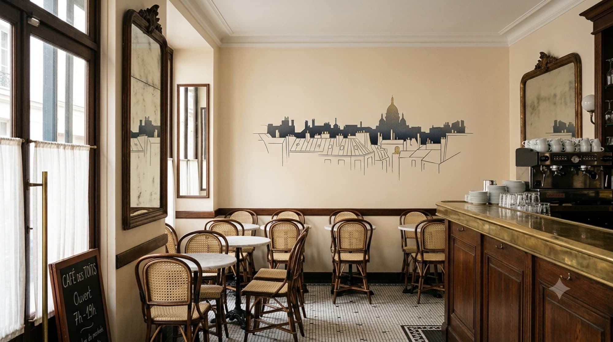 Café traditionnel avec décor mural imprimé sur les murs de la salle.