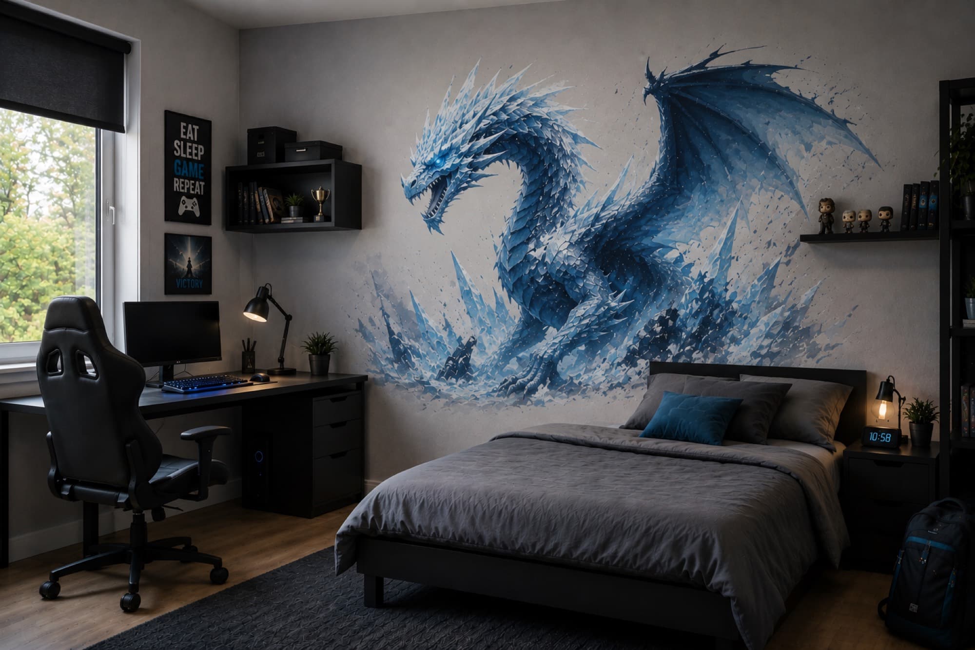 Chambre d'adolescent avec un dragon de glace imprimé sur le mur.