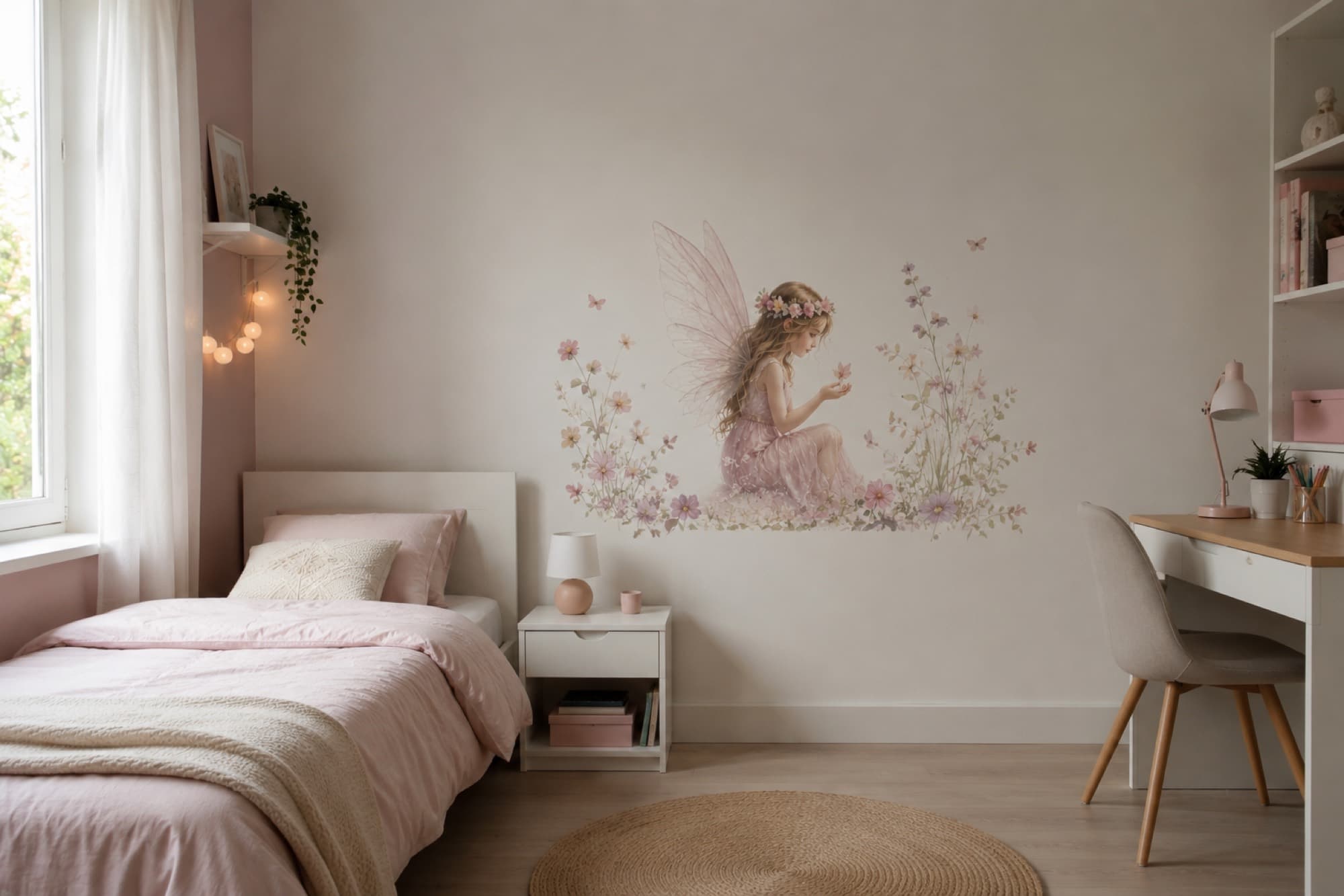 Chambre d'enfant décorée d'une impression murale colorée.