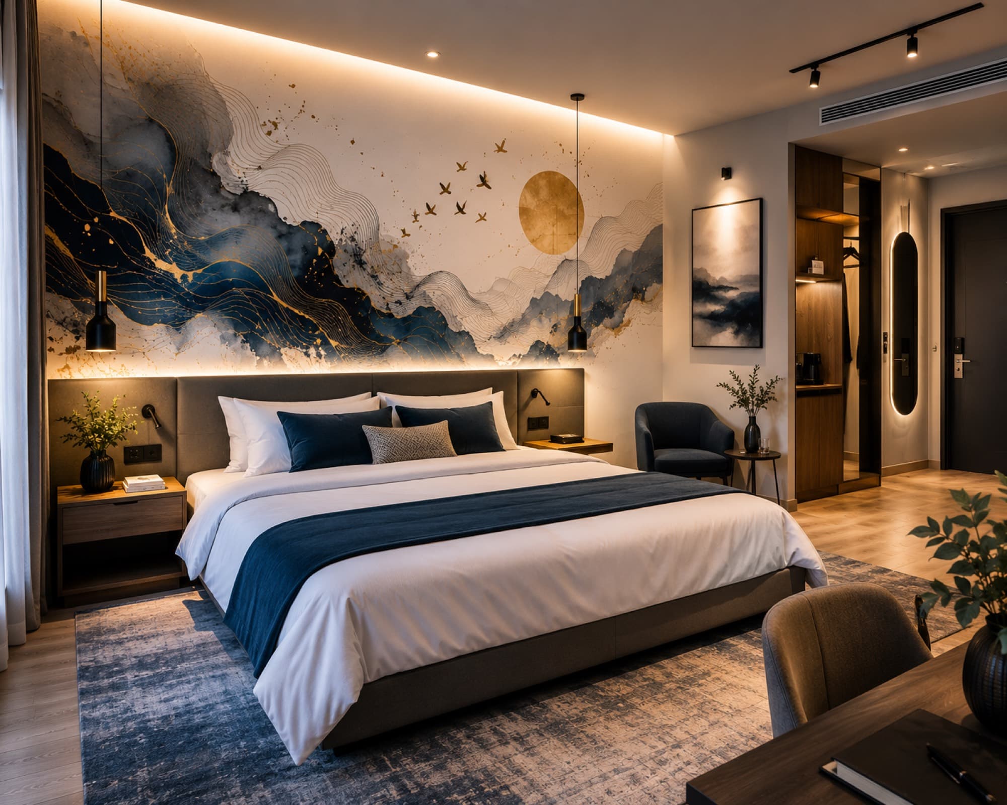 Chambre d'hôtel avec une tête de lit murale imprimée.