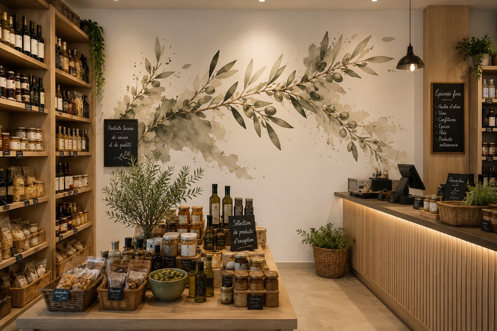 Épicerie fine avec une impression murale décorative en arrière-plan des rayons.