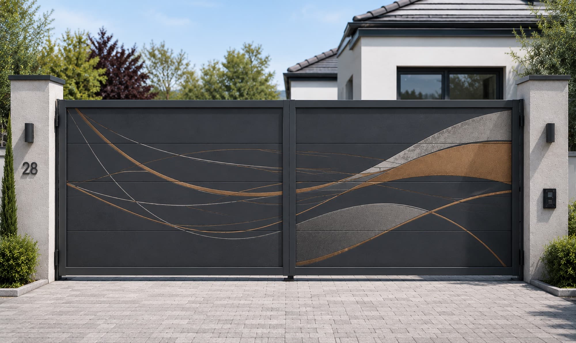 Portail en aluminium anthracite orné de vagues dorées imprimées en UV.