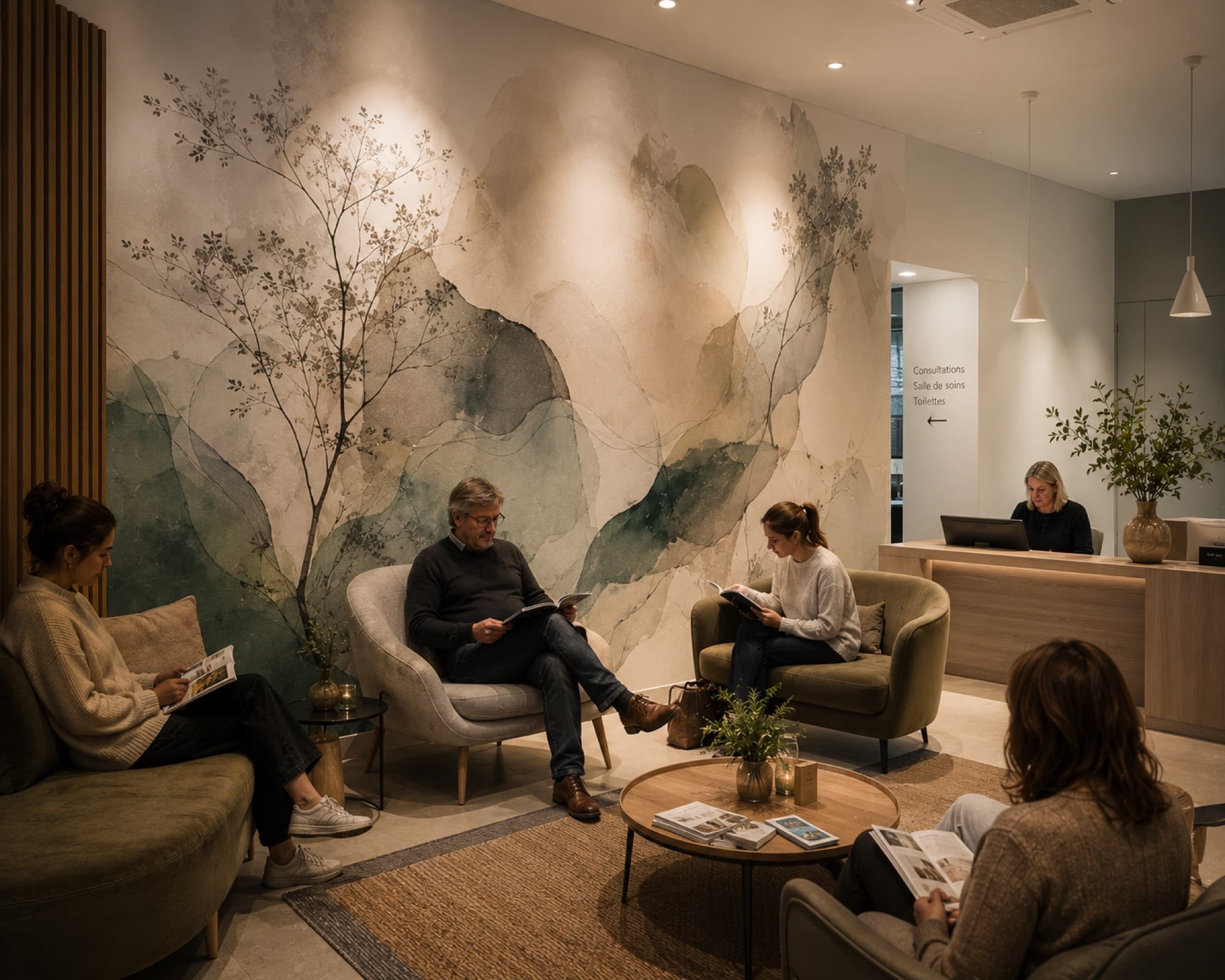Salle d'attente professionnelle avec décor mural imprimé.