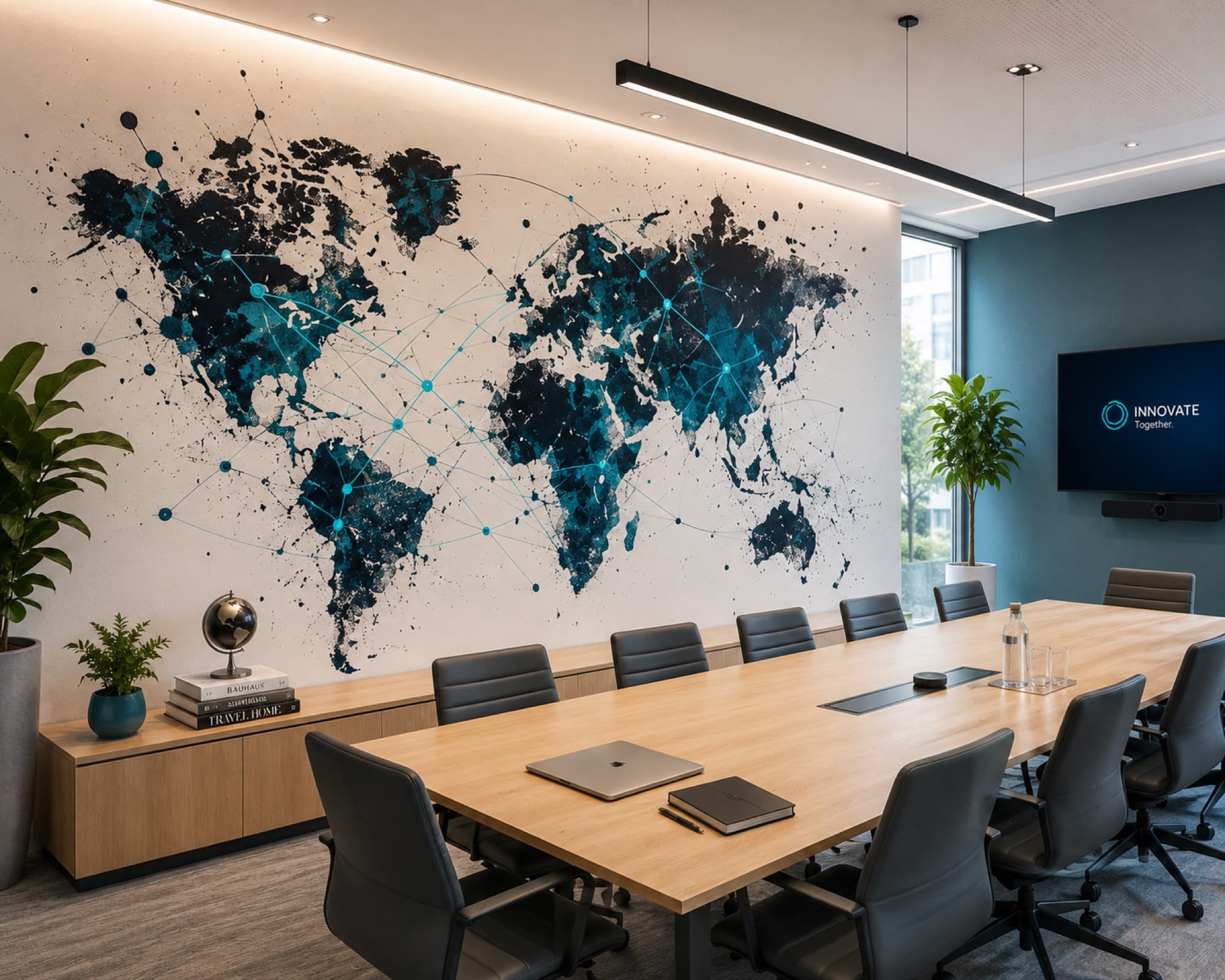 Salle de réunion avec un mur imprimé sur toute sa surface.