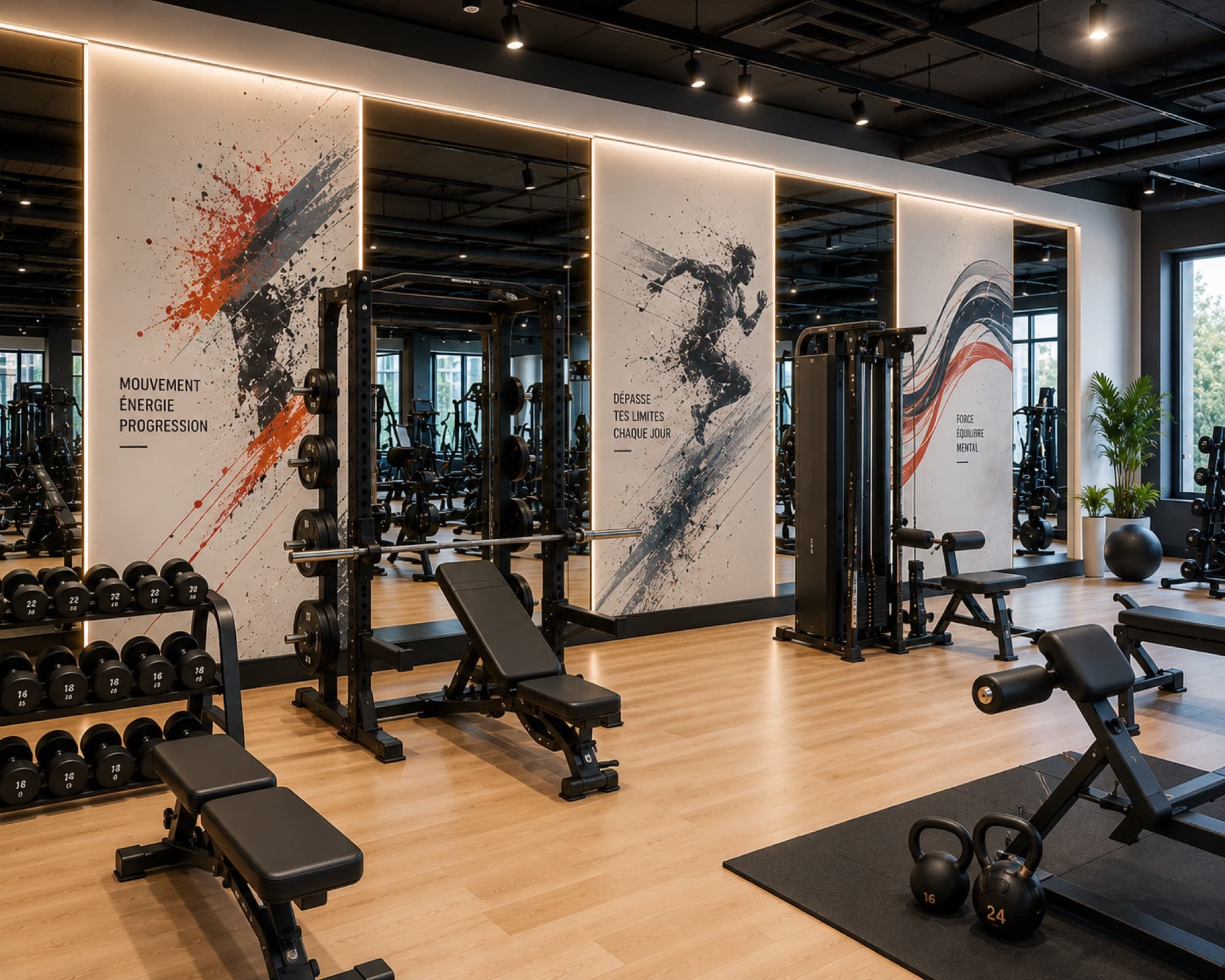Salle de sport avec un mur graphique imprimé pleine hauteur.