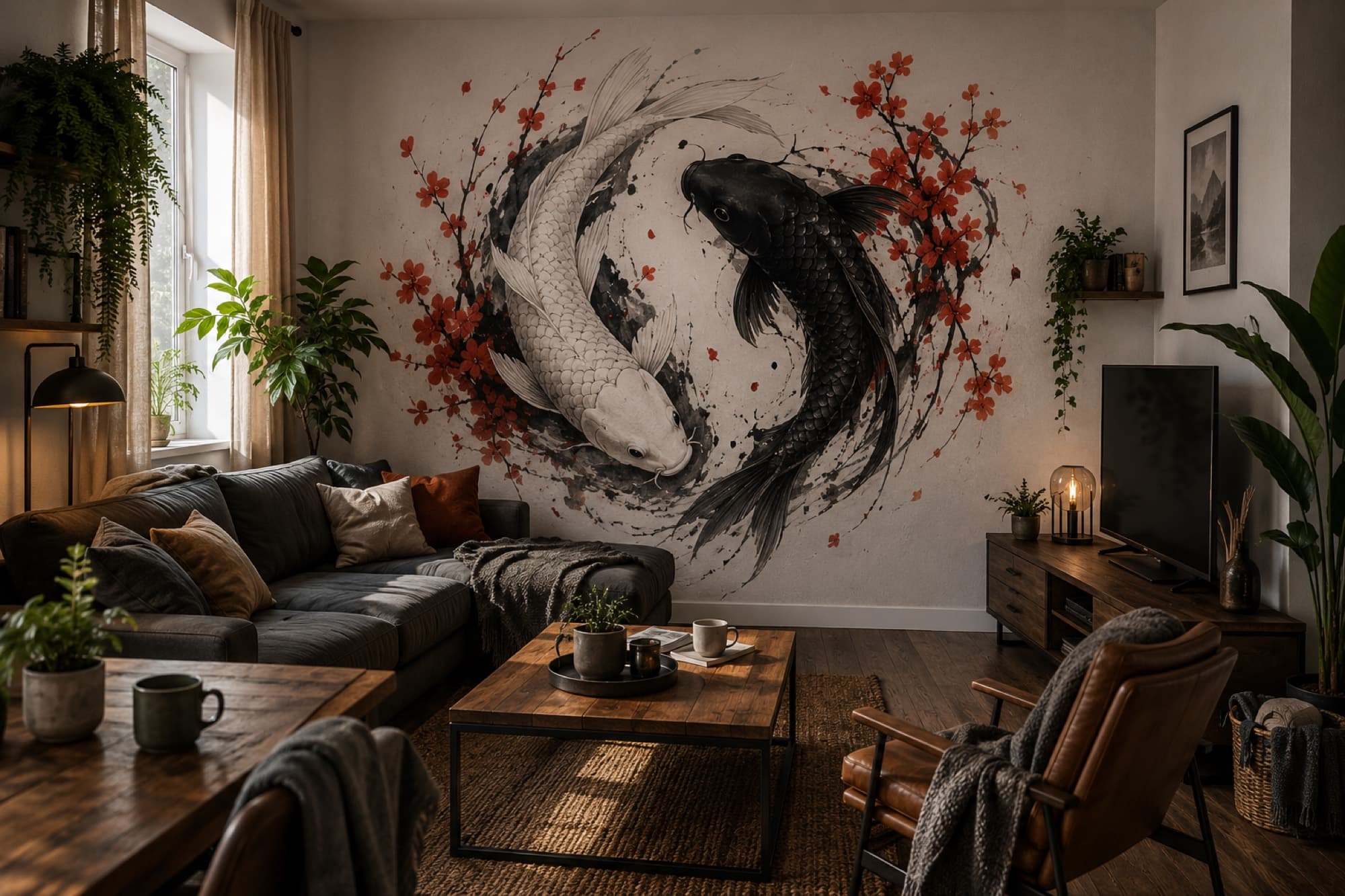 Salon de particulier avec impression murale spectrale sur le mur principal.