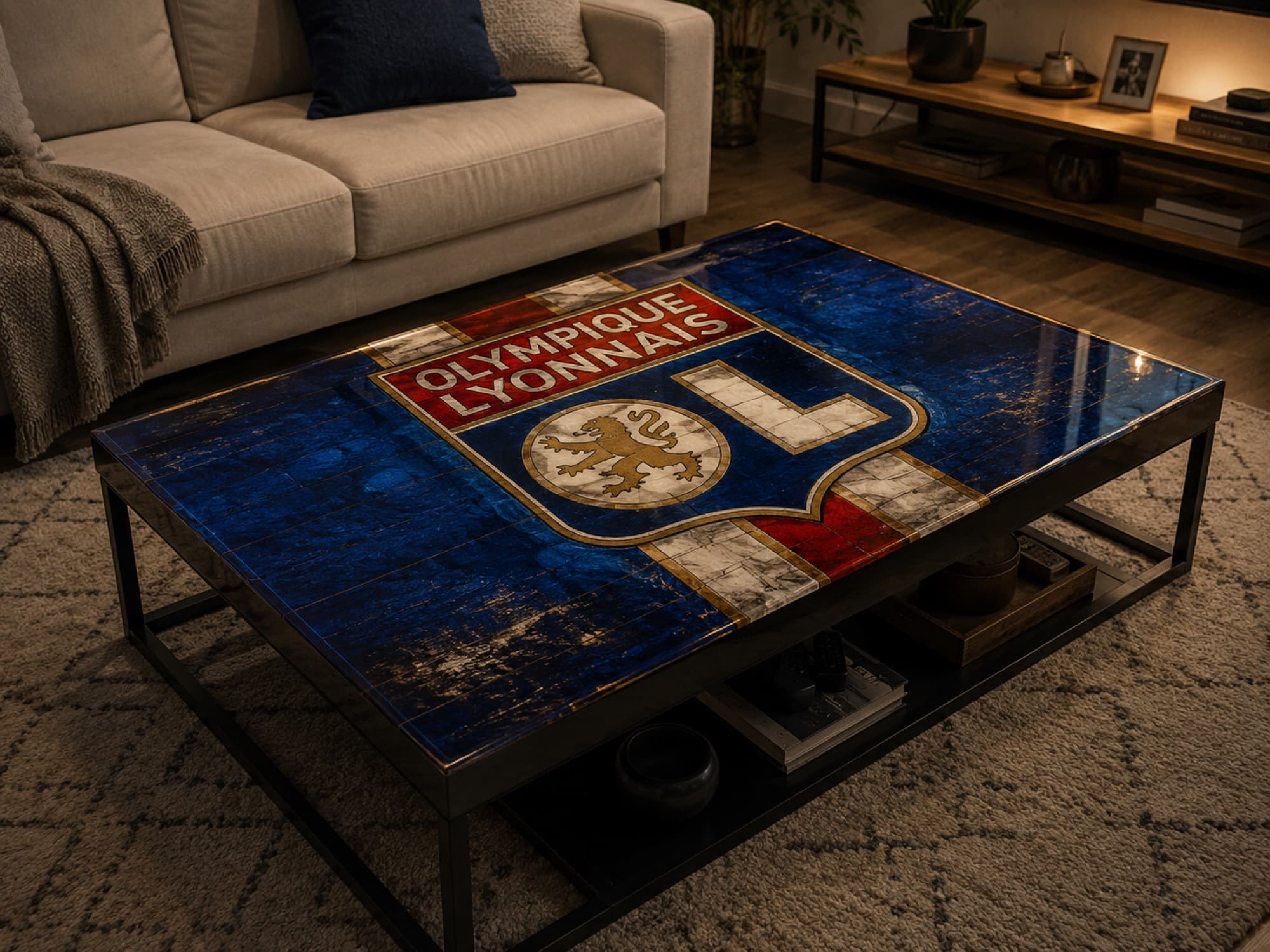 Table basse personnalisée par impression UV directe.