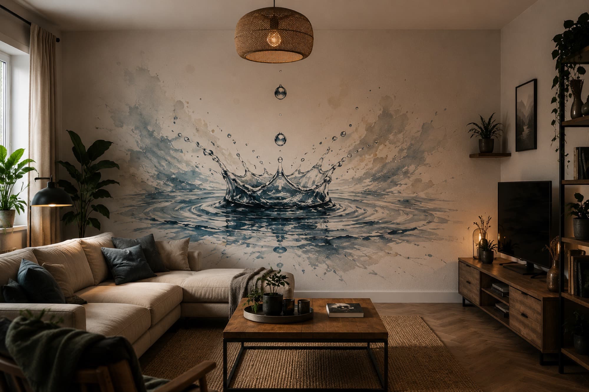 Salon de particulier avec fresque murale aux reflets aquatiques imprimée directement sur le mur.